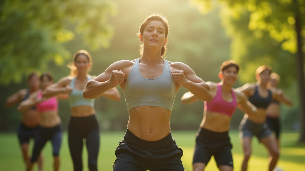 Group of people exercising together in an outdoor park setting with trees and green space