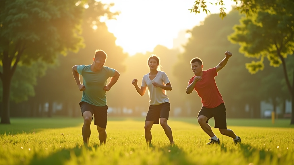 Group of people exercising outdoors in a Hong Kong park during morning fitness session