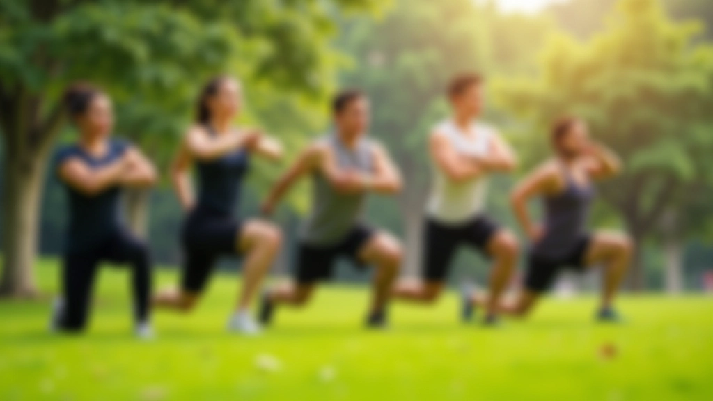 Diverse group of people doing lunges and running drills across a grassy park area
