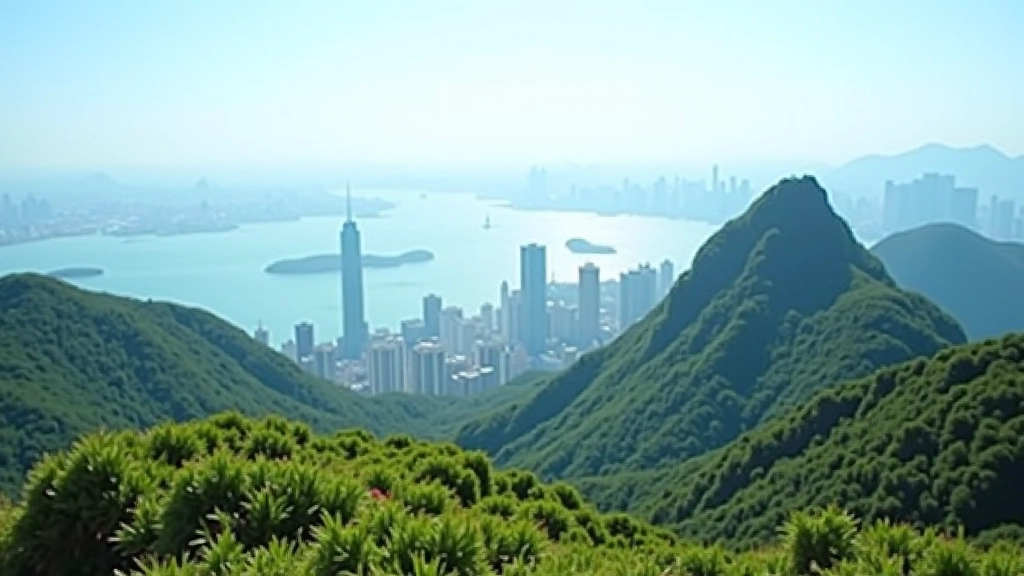 Scenic mountain vista showing Victoria Harbour in the distance with green rolling hills in the foreground