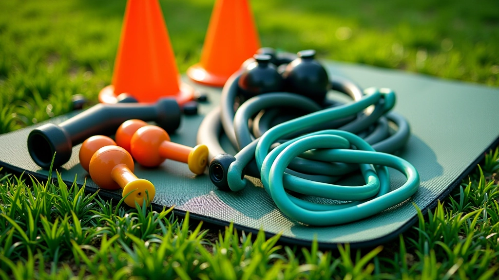 Close-up view of outdoor fitness equipment including resistance bands, cones, and exercise mats on grass