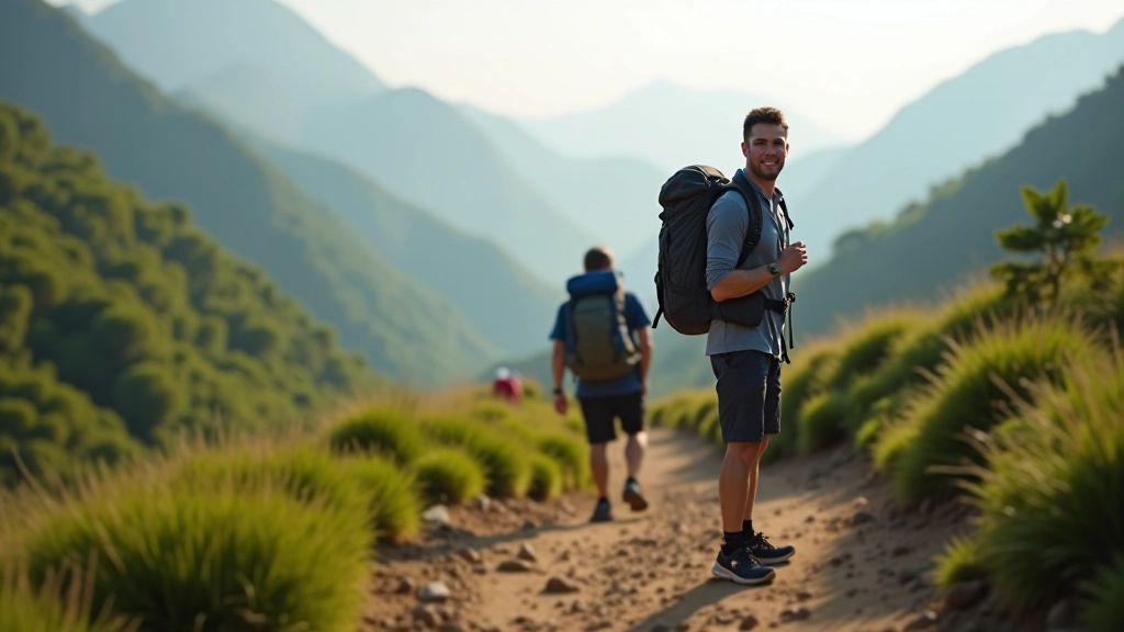 Person hiking on a mountain trail with city skyline visible in the distance