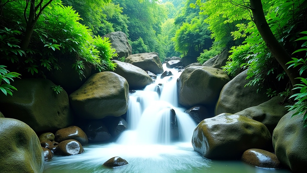 Peaceful waterfall surrounded by dense green forest vegetation and moss-covered rocks