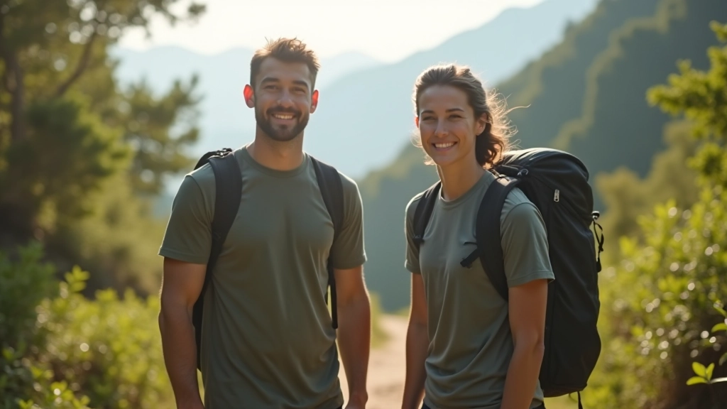 Group of people preparing for a hike with water bottles and hiking gear at a trail starting point
